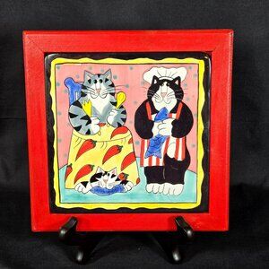 Framed CATZILLA Hand Painted Cat Tile Trivet Cooking Family 2002 Candace Reiter